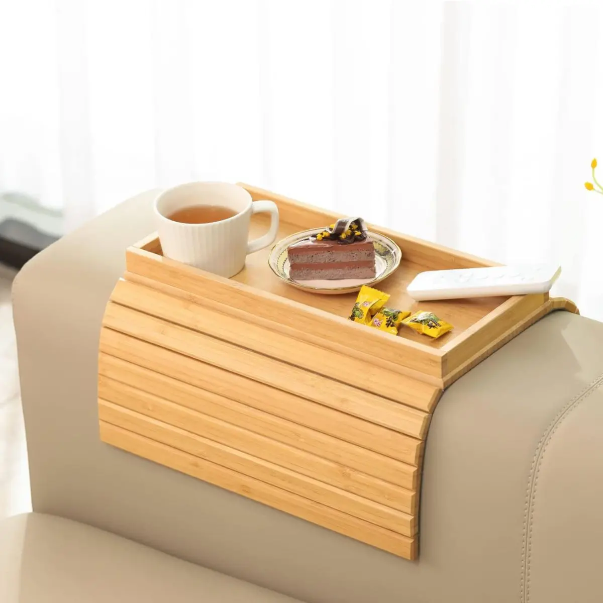 Bandeja Plegable Bambu Para Sofá. Mesa Lateral Para Brazo Del Sillón. Ideal Para Controles Y Bebidas. 1