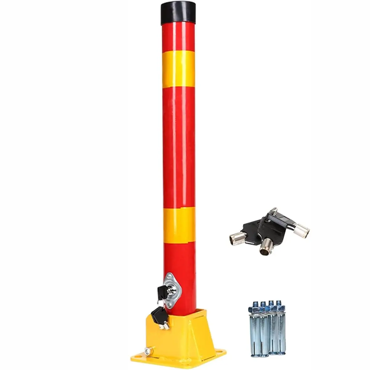 Bolardo De Estacionamiento. Poste Acero Inoxidable De Seguridad. 13X50 Cm. Rojo Con Franjas Amarillas. Base Incluida. 1