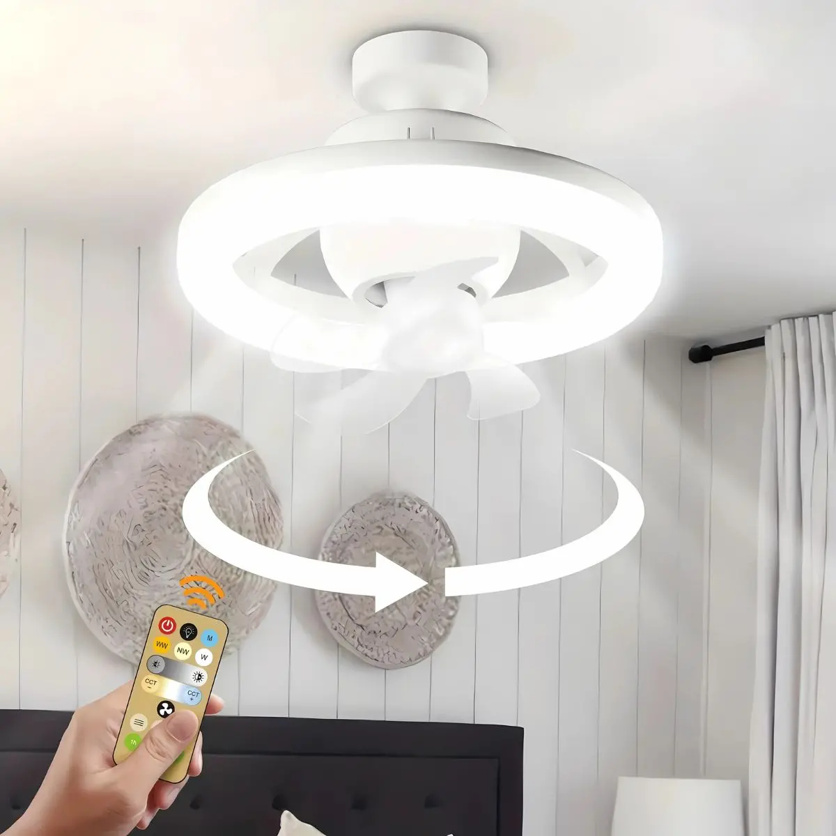 Lámpara De Techo Abanico Socket Ventilador 360° Giratoria. Luz Led Regulable. Abanico Silencioso. Socket E27. A Control Remoto. 110V. 1
