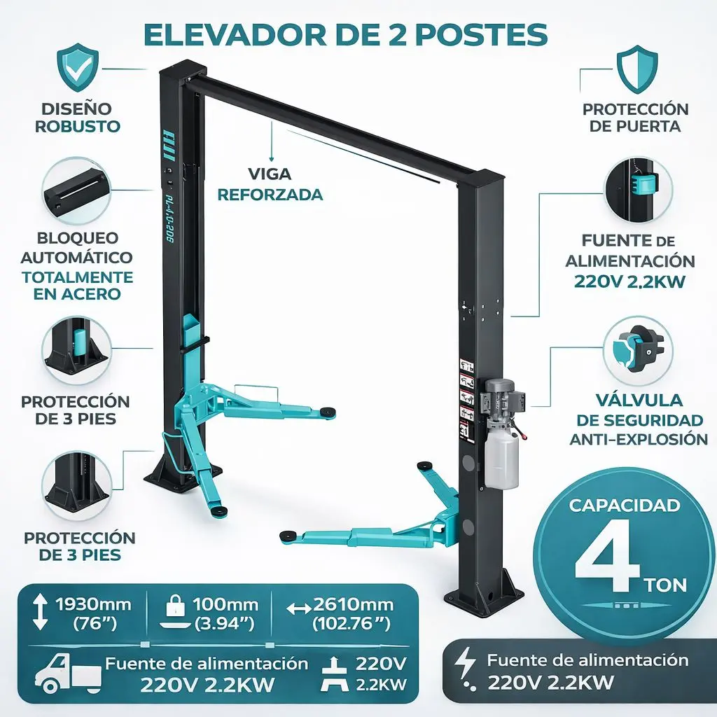 Elevador De Autos 4 Ton De Dos Postes Con Piso Transparente Tipo Arco 220V Monofásica 50/60Hz 2.2Kw 1