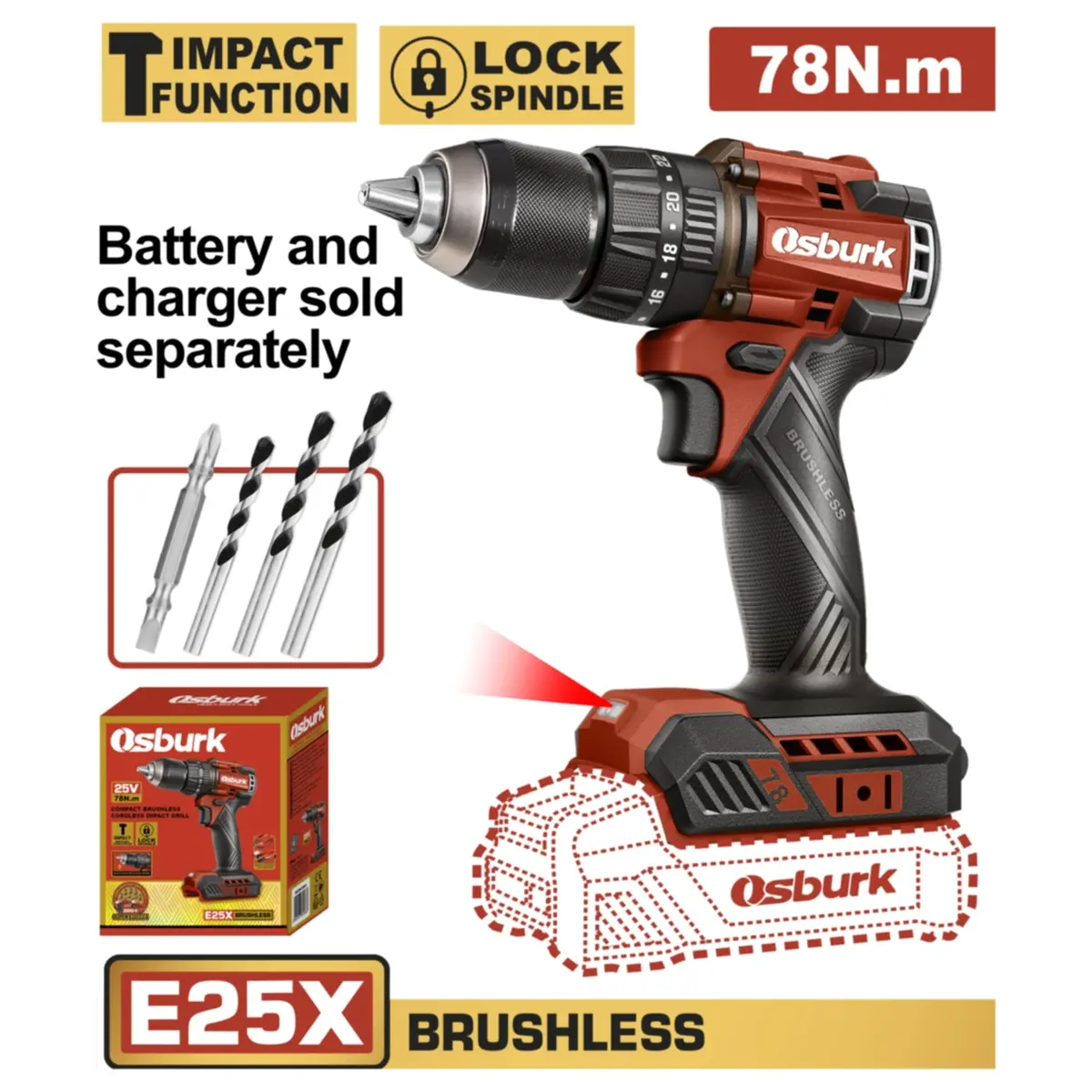 Taladro Drill Inalámbrico 1/2" 25V Función Impacto. Motor Sin Escobillas. 78Nm. No Incluye Batería Ni Cargador. 1