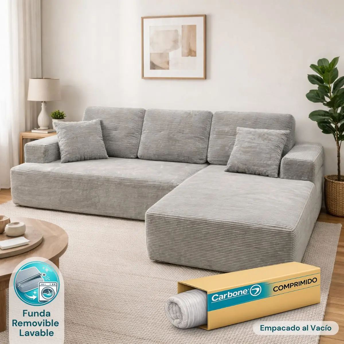 Sofá Seccional En L Empacado Al Vacio Memory Foam De Alta Densidad 175X92x82cm
+170X93x82cm Color Gris Claro 1