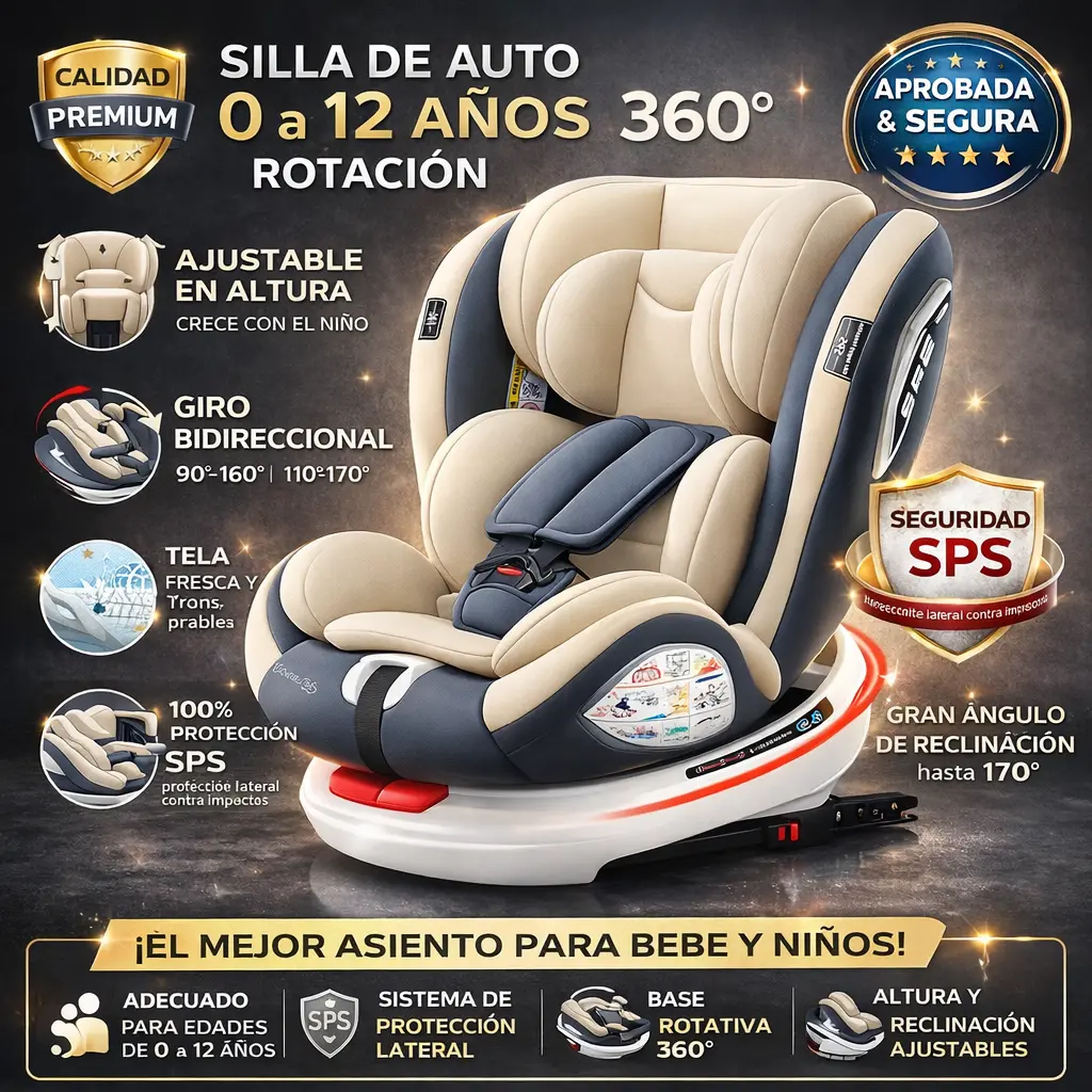 Silla De Auto Para Bebé Isofix 360° Reclinable Hasta 170°. Asiento De Seguridad Infantil Convertible De 0 A 12 Años. 1