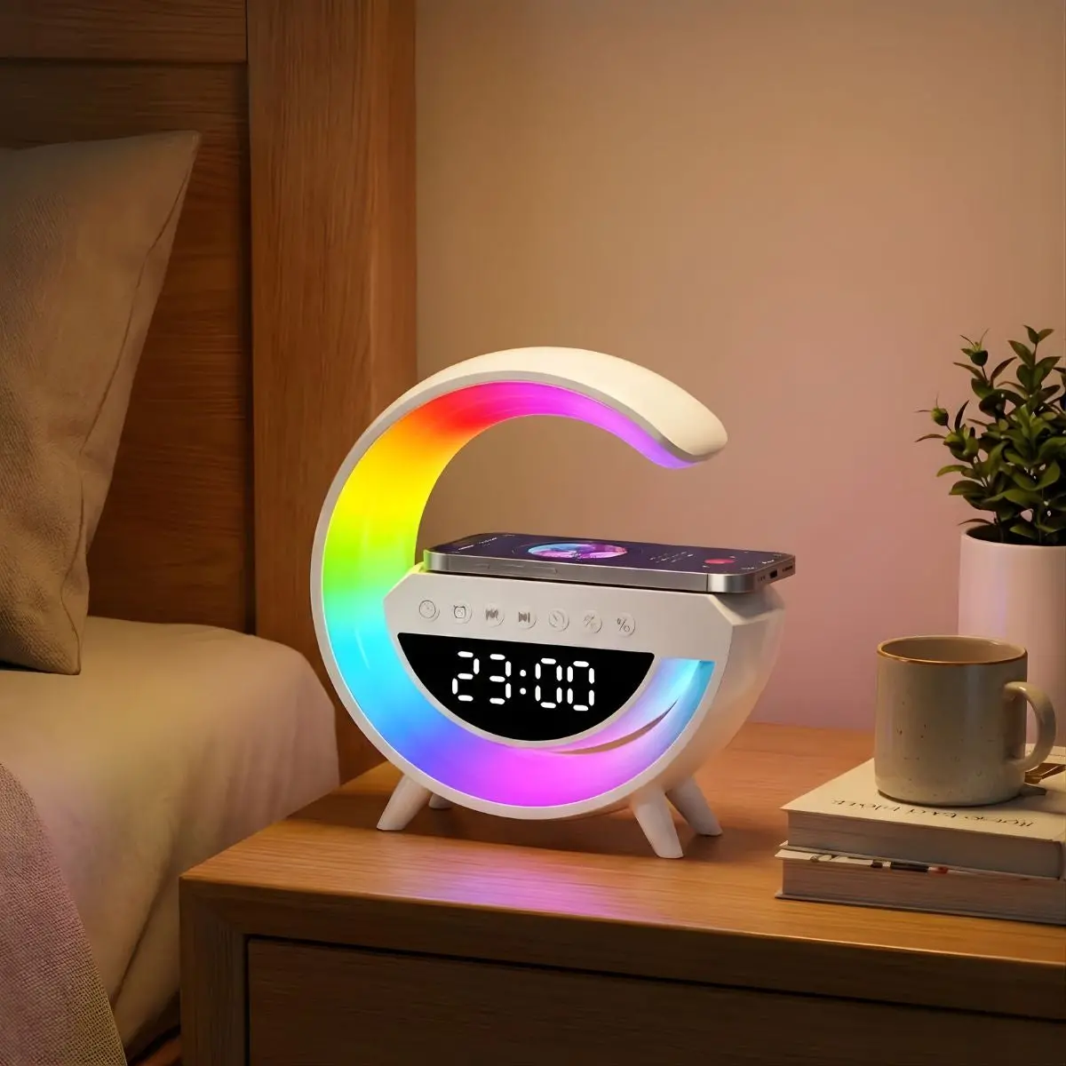 Lámpara De Mesa Inteligente Con Cargador Inalámbrico, Bocina Bluetooth Y Reloj Despertador. Luz Led Rgb  Para Mesita De Noche. Blanco 1