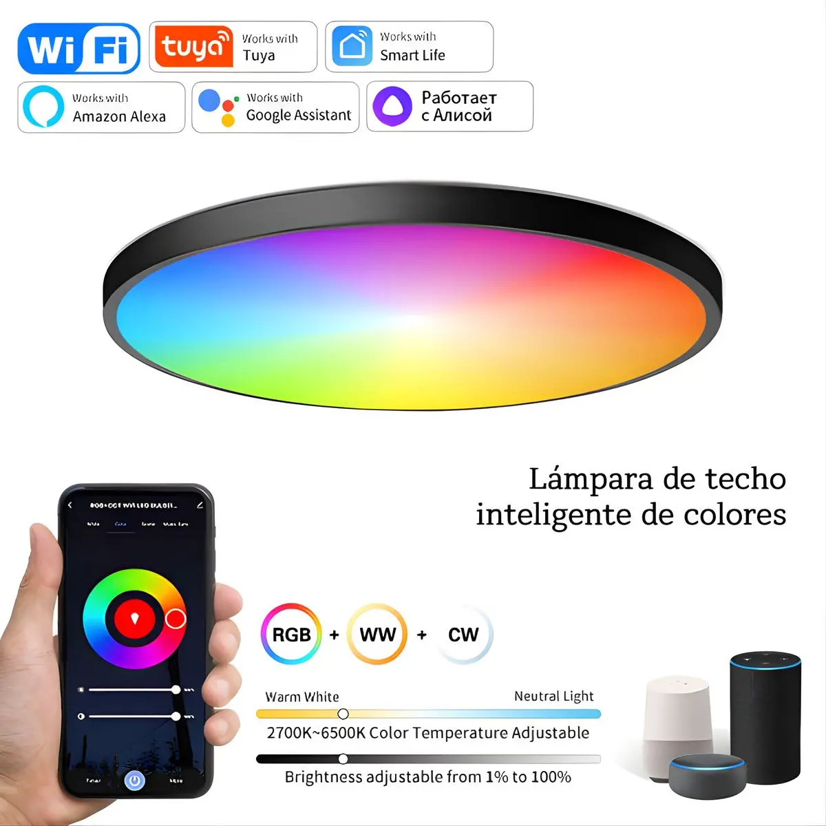 Lampara Led De Techo Inteligente 24W Rgb + Blanco Cálido Y Frío. 30 Cm Luz Regulable Con Wifi. Iluminación Multicolor. Carcasa Negra. 1