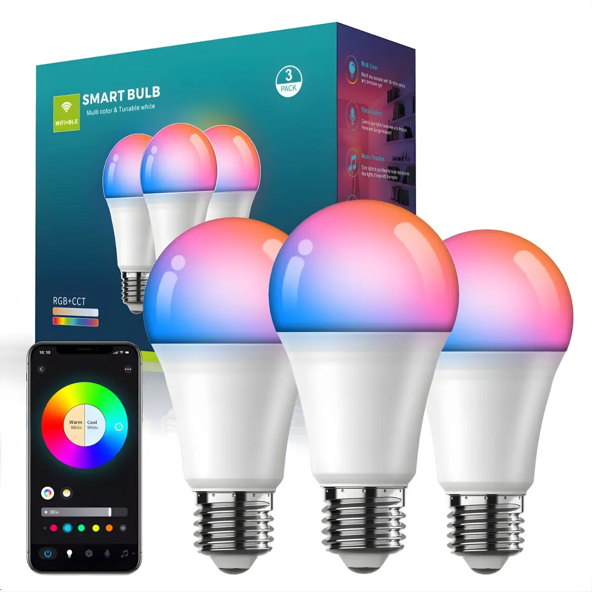 Bombillos Led Inteligentes Rgb. Luz Multicolor + Blanco Cálido Y Frío. Focos Smart Con Wifi Y Bluetooth. (Pack De 3 Unidades) 1