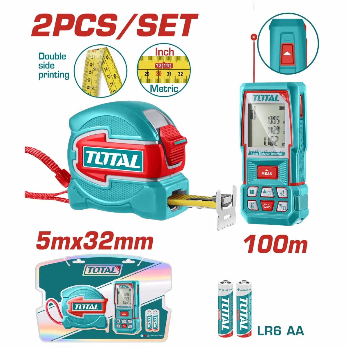 Combo Total Detector Láser De Distancia 0,05 – 100M  ±2,0 Mm Y Cinta Métrica 5Mx32mm Gancho Doble Con Imán .Pocas Unidades 1