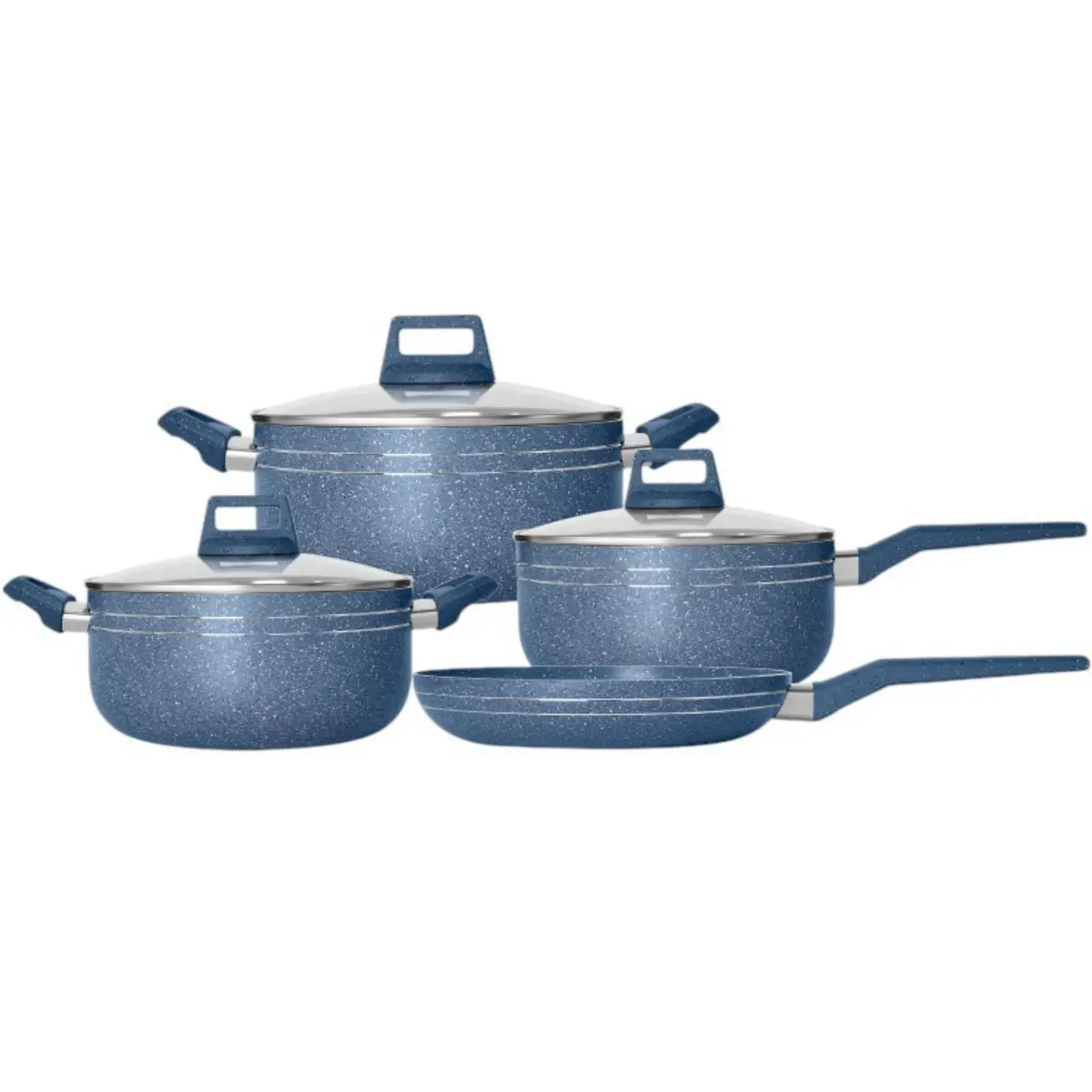 Ollas Y Sartén Antiadherentes Tipo Granito Color Azul En Aluminio Revestido Con Tapa De Vidrio. 100% Libre De Teflon. Set De 7 Piezas. 1