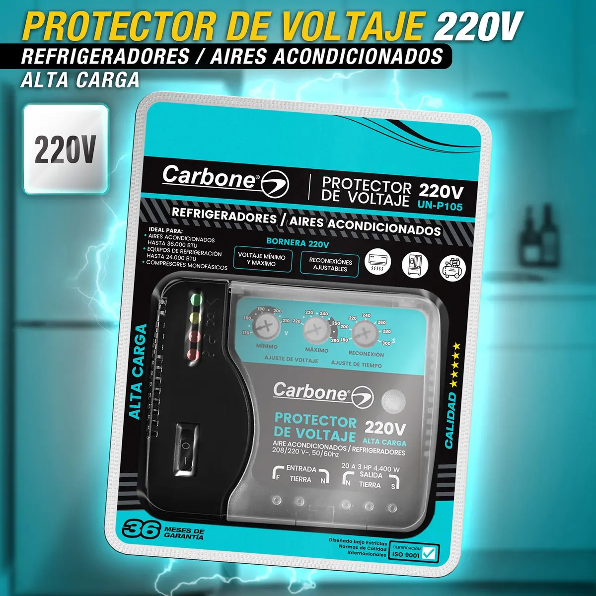 Protector De Voltaje 220Volt - 50/60Hz. Corriente 20A Para Aires Acondicionados Inverter Y Refrigeradores Con Retardo Ajustable 1