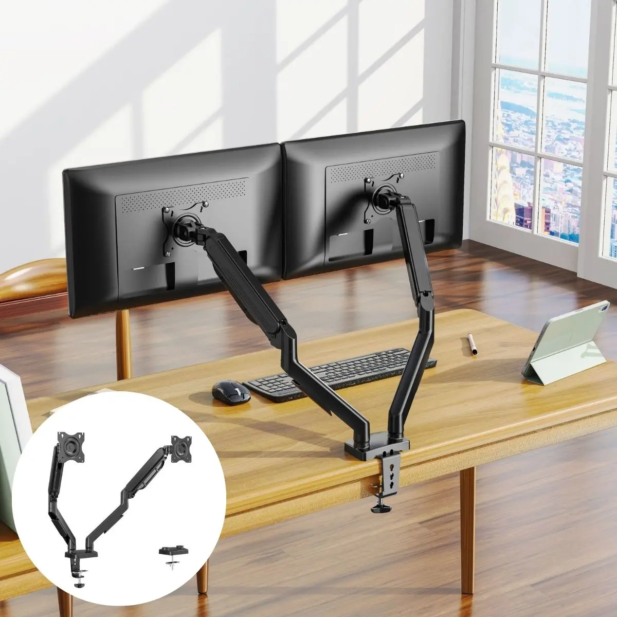 Soporte De Monitor Doble. Brazo Ergonómico Para Pantallas De Hasta 27” Con Montaje De Escritorio. Ideal Para Oficina Y Gaming. 1