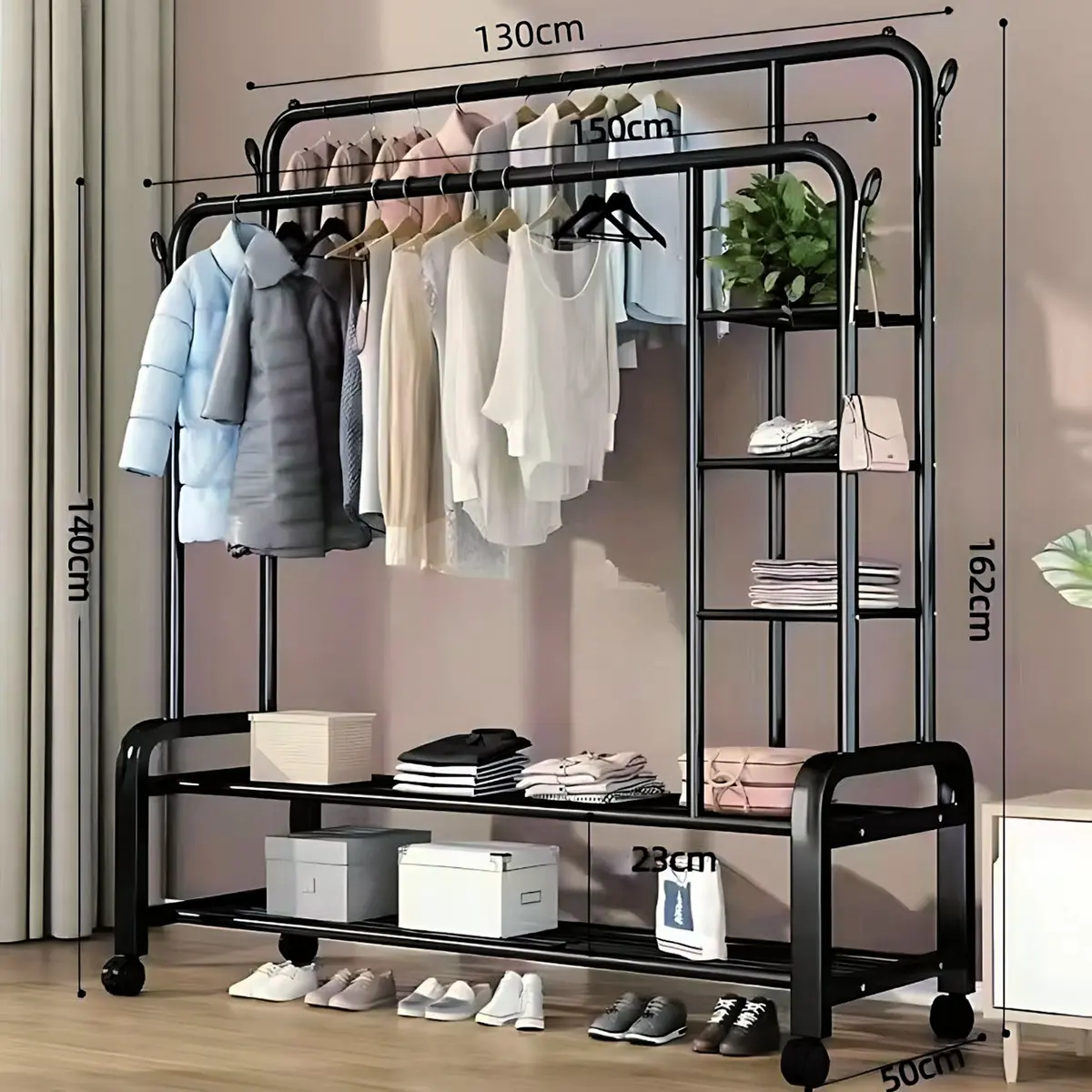 Perchero Rack Con Ruedas Para Ropa. Organizador Multifuncional Para Dormitorio. 162X110x52cm. Armarios Closets Closet Guardarropa. Color Negro 1