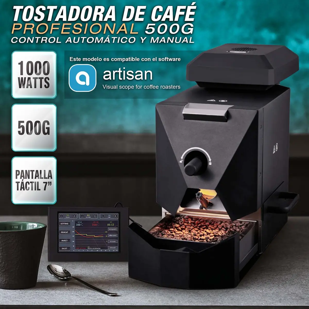Tostadora De Café Profesional 500G Con Pantalla Táctil 7”. Máquina Tostadora De Café En Grano 1000W. Control Automático, Manual Y Artisan 1