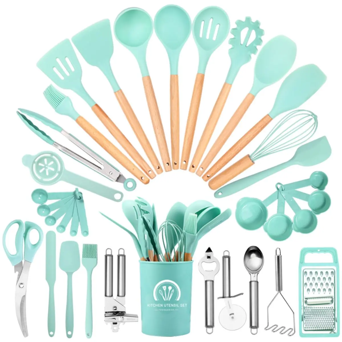 Utensilios De Cocina De Silicona Y Madera. Juego De Cucharones Completo De 34 Piezas Antiadherentes Y Resistentes Al Calor. 1