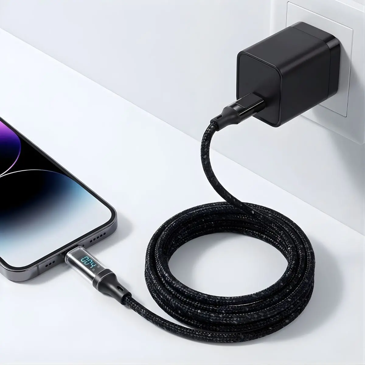 Cable Usb-C A Usb-C De 2M. Con Display Digital Ideal Para Smartphones, Tablets Y Laptops. Cable De Carga Rápida Reforzado De Nylon. 1