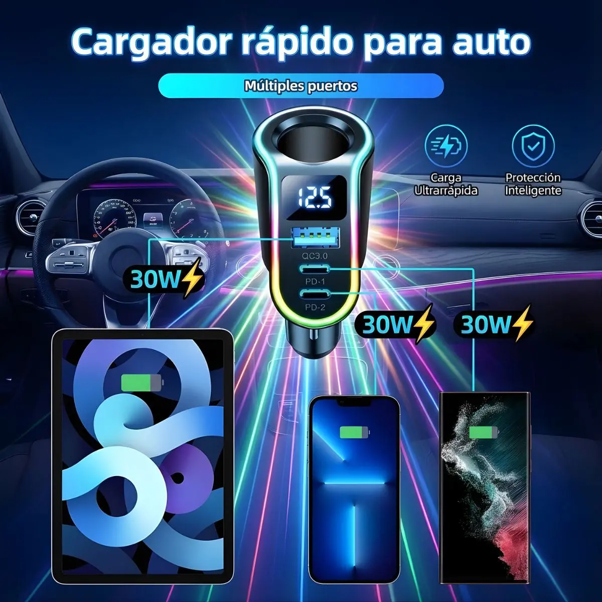 Cargador De Auto 150W Con 3 Puertos Usb (Qc 3.0 + Pd). Adaptador De Carro Con Carga Rápida Para Múltiples Dispositivos. 1