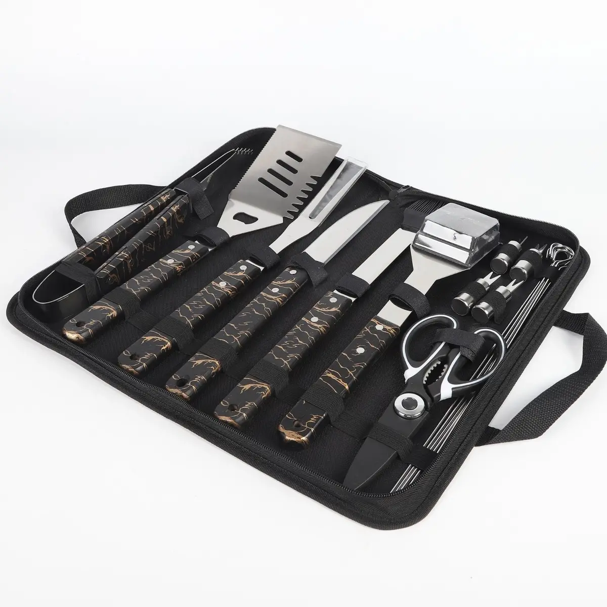Cubiertos Para  Bbq Camping Al Aire Libre De Acero Inoxidable Con Estuche Portátil De Tela. Set De 18 Piezas. Kit De Accesorios Para Bbq Parrillada. 1