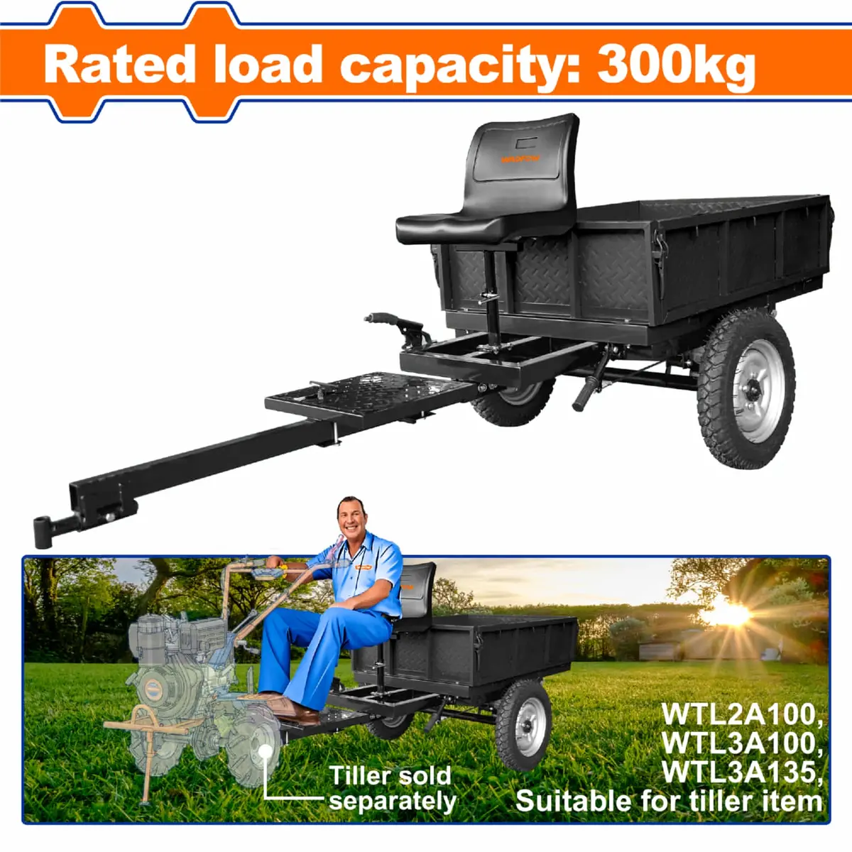 Carreta Remolque Para Motocultor ≤300 Kg Suspensión Ballesta. 1280X870x360 Mm Compatible Con Wtl2a100 Wtl3a100 Wtl3a135 Wtl3a135d 1