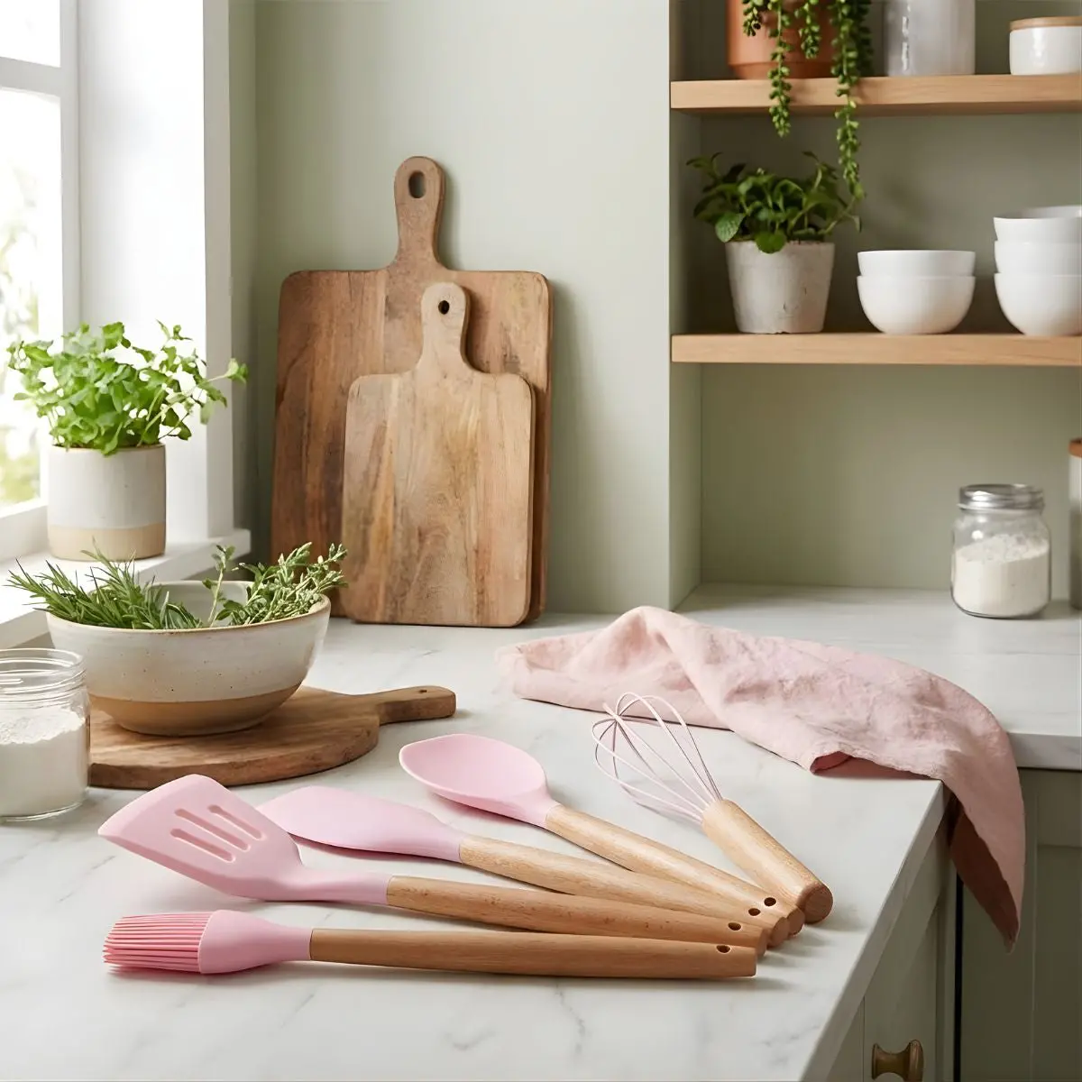 Utensilios De Cocina De Silicona Y Madera. Juego De Cucharones De 5 Piezas Antiadherentes Y Resistentes Al Calor. Color Rosado. 2