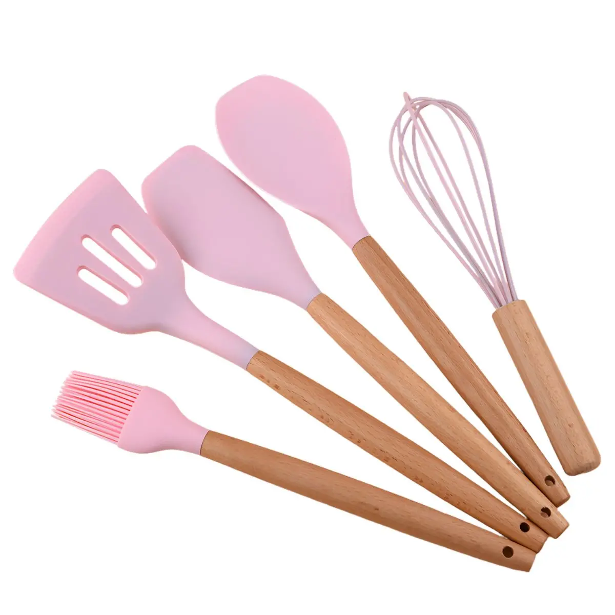 Utensilios De Cocina De Silicona Y Madera. Juego De Cucharones De 5 Piezas Antiadherentes Y Resistentes Al Calor. Color Rosado. 1