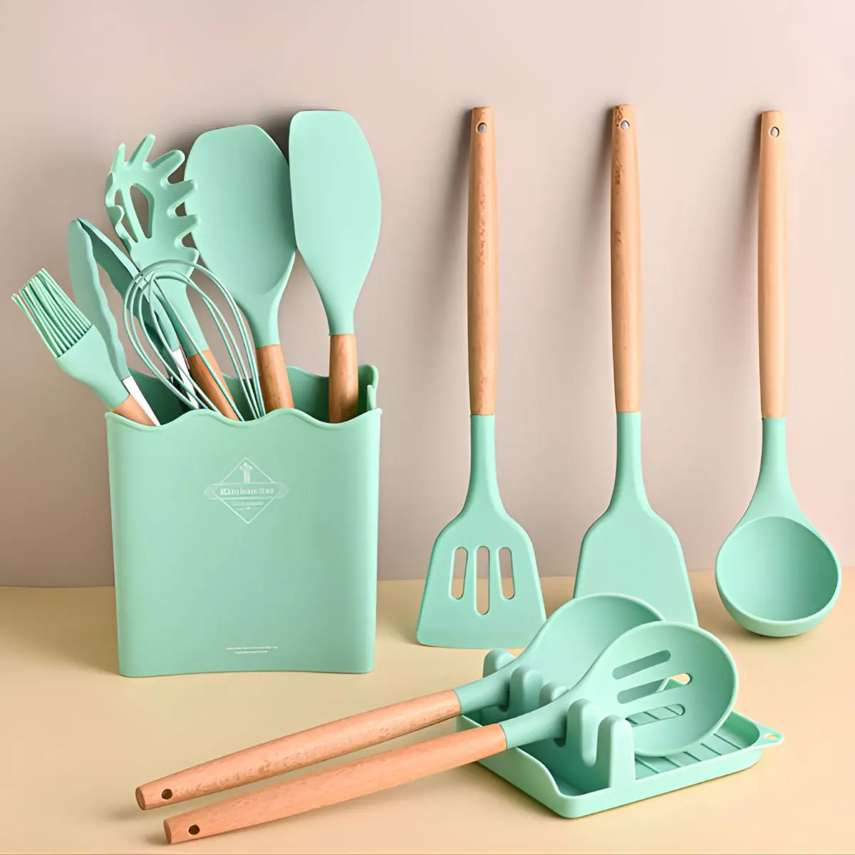 Utensilios De Cocina De Silicona Y Madera. Juego De Cucharones De 13 Piezas Antiadherentes Y Resistentes Al Calor. 1