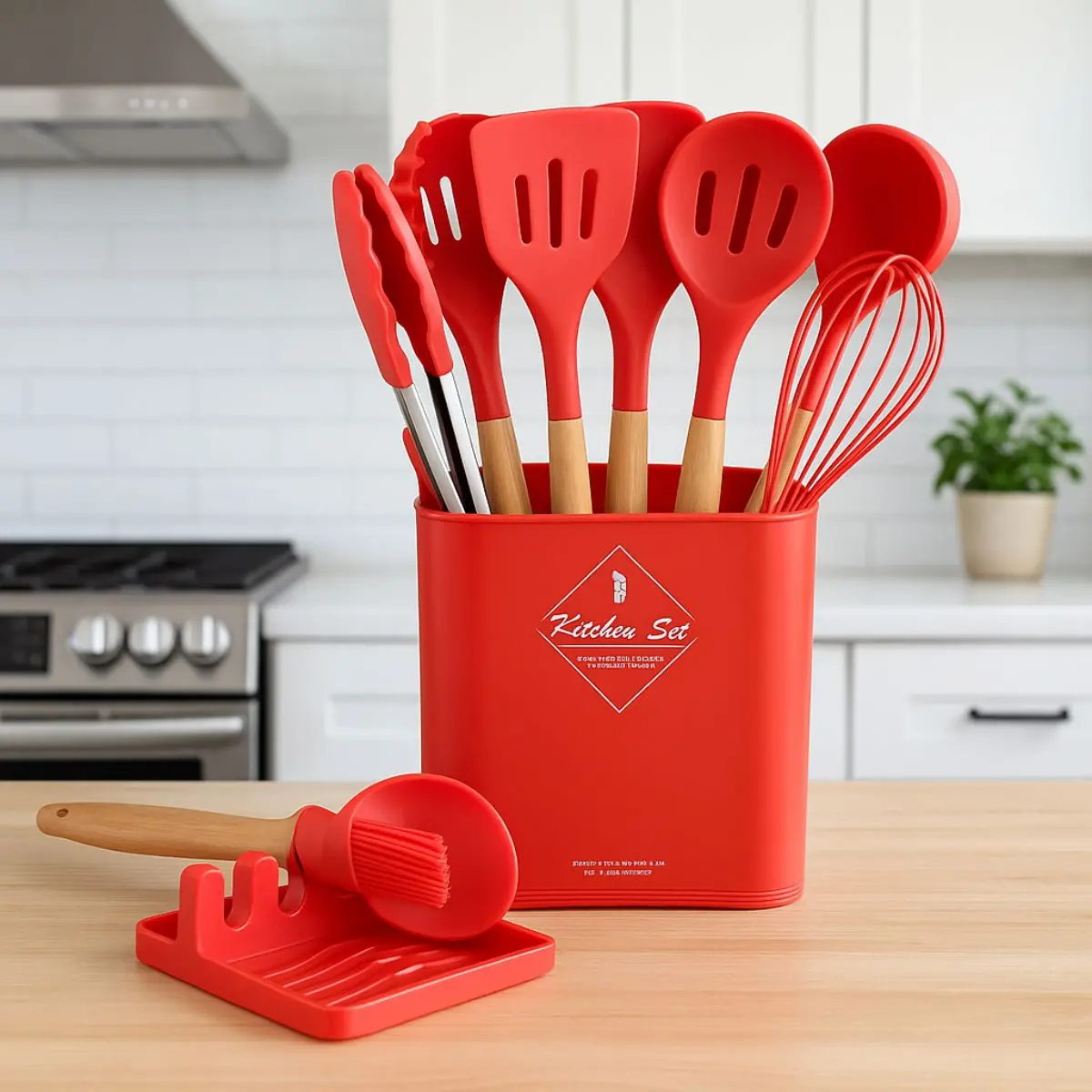 Utensilios De Cocina De Silicona Y Madera. Juego De Cucharones De 13 Piezas Antiadherentes Y Resistentes Al Calor. Color Rojo. 1