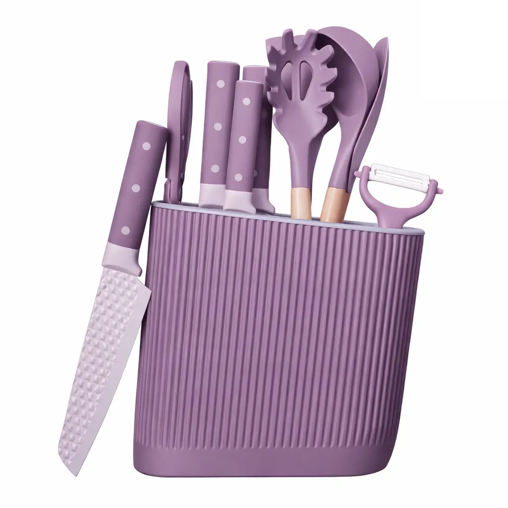 Utensilios De Cocina Y Cuchillos Color Morado Set De 11 Piezas Con Soporte. Diseño Texturizado Antiadherente. 1
