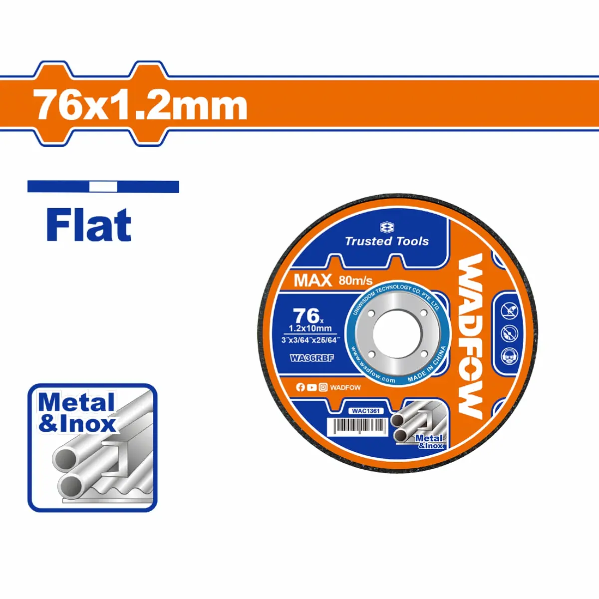 Disco Corte De Metal Y Acero Inoxidable 76 Mm (3") X 1,2 Mm (3/64") X 10 Mm (25/64") Centro Plano. 1