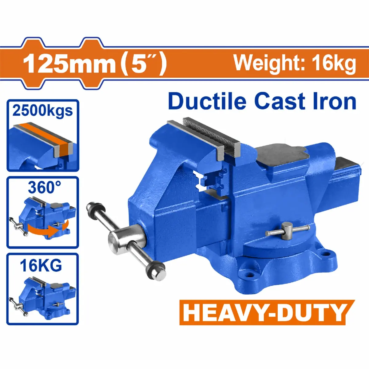 Prensa De Banco De 5" (125Mm) Base Giratoria 360º. Con Yunque Peso 16Kg Fuerza Max 2500 Kg. Hierro Fundido. 1