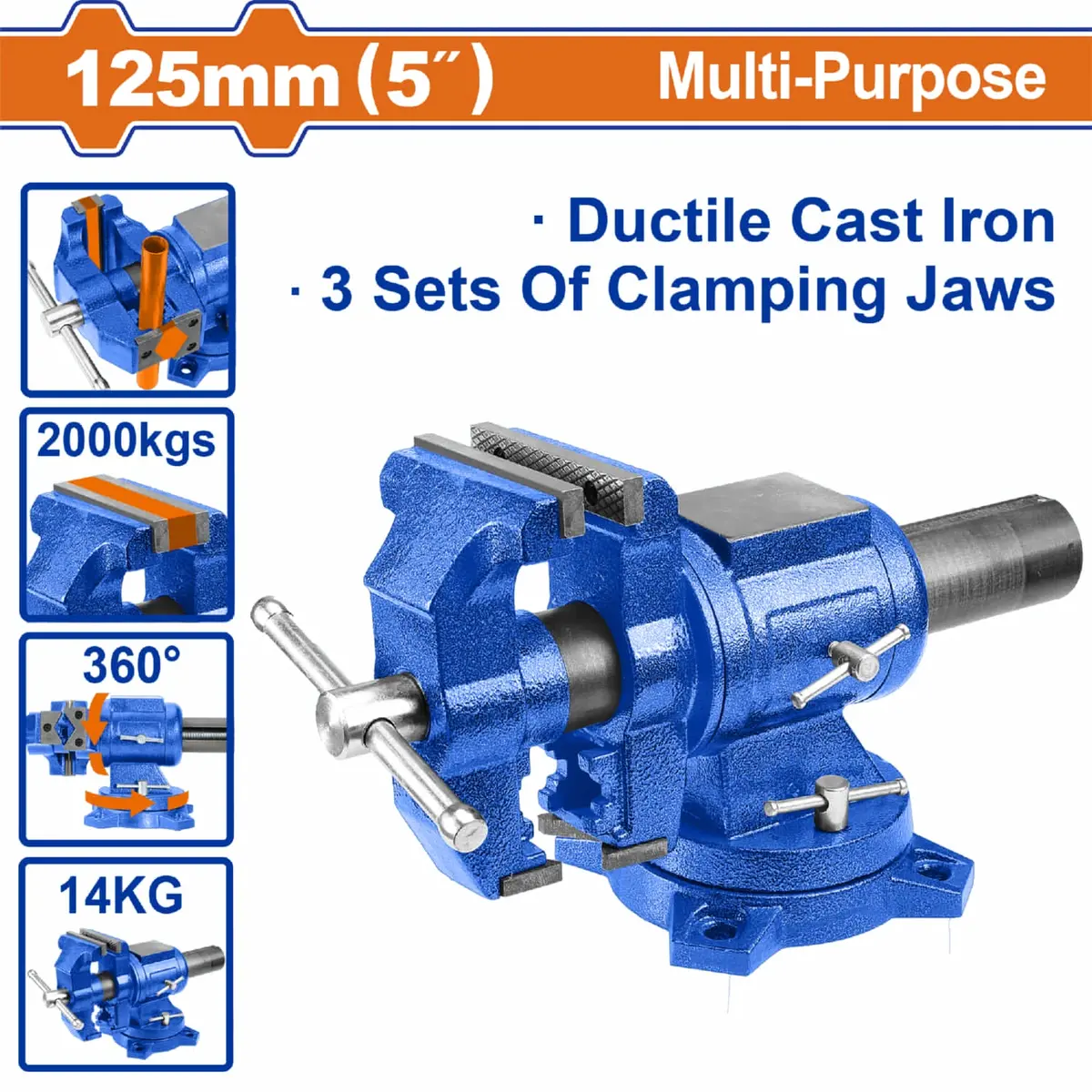 Prensa De Banco Base Giratoria 5" (125Mm) Con Yunque. 14Kg Fuerza: 2000Kg Incluye 3 Mordazas. 1