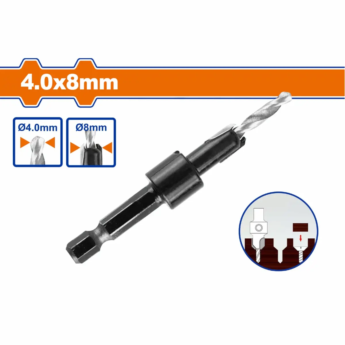 Broca Avellanadora 4X8mm Vástago Hexagonal 1/4" Incluye Llave 1