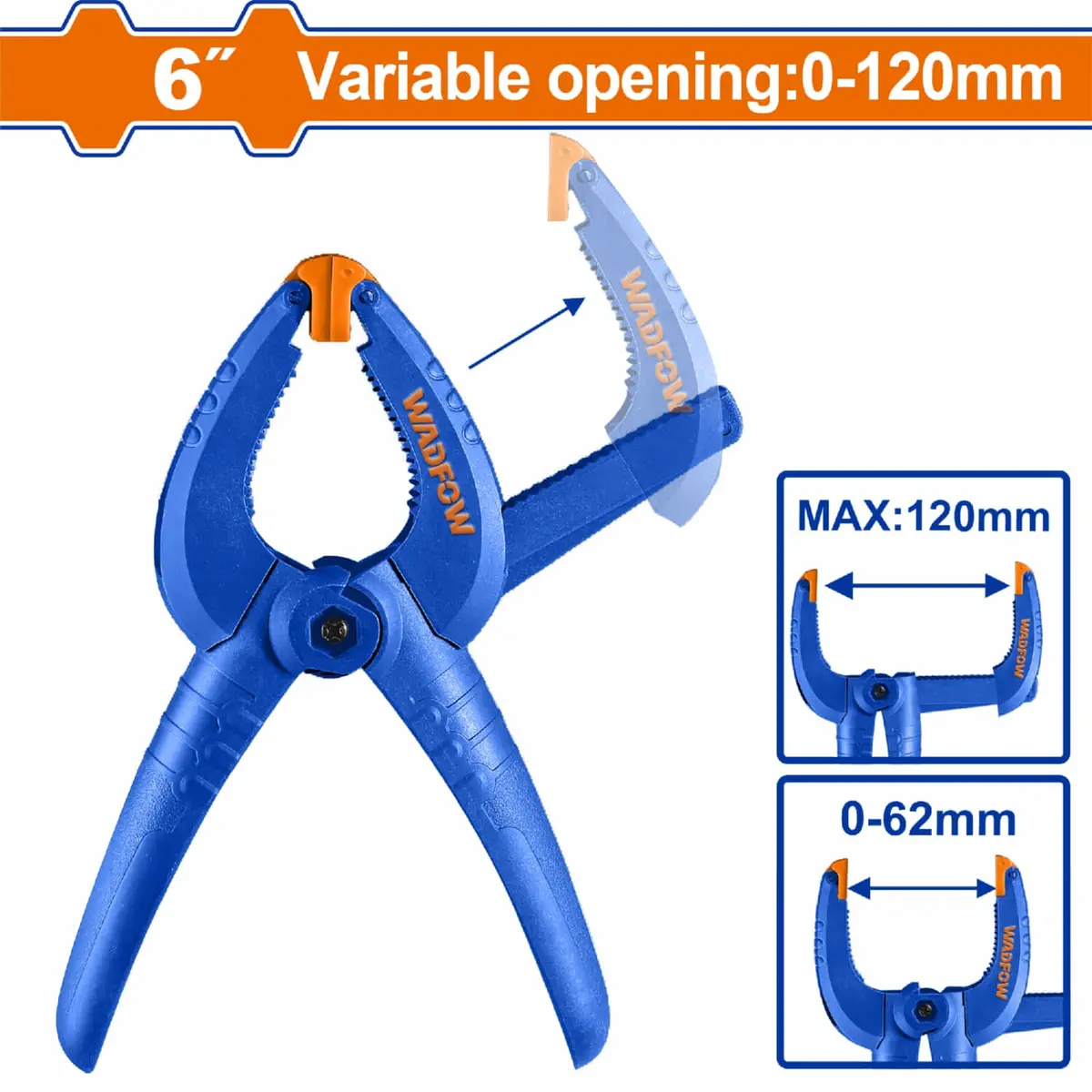 Abrazadera De Resorte Para Sujecion Variable 6" Apertura Hasta 120Mm. Cuerpo De Plástico Y Fibra De Vidrio. 1