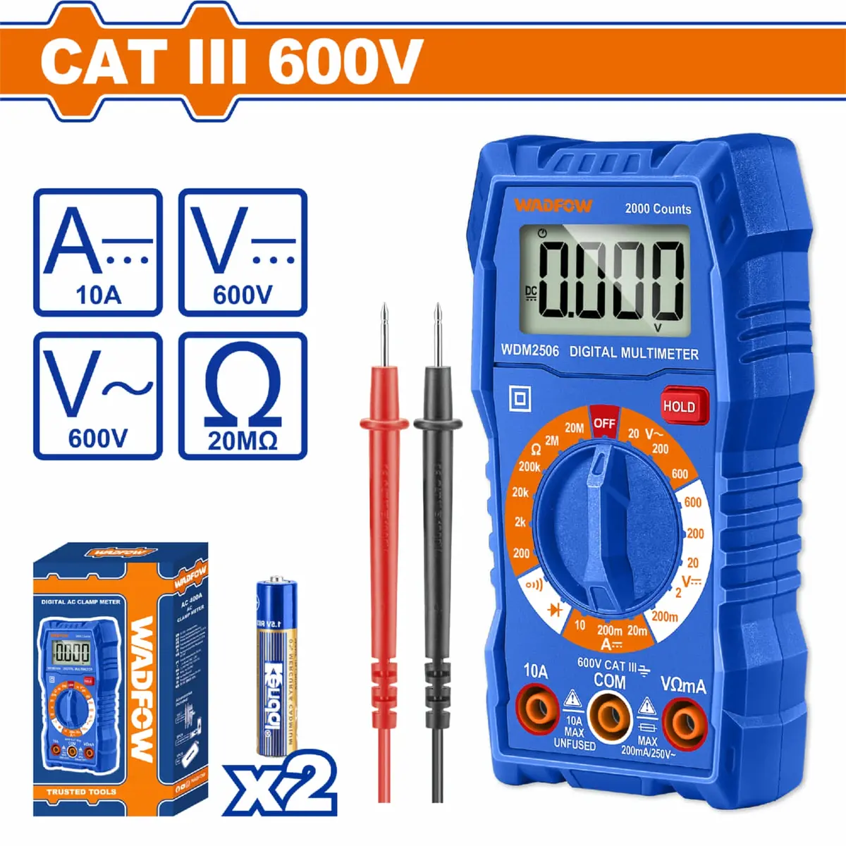 Multímetro Digital 2000 Dígitos. Cat Iii 600V. Función Batería Baja. Incluye 2 Baterías Aa R03 1