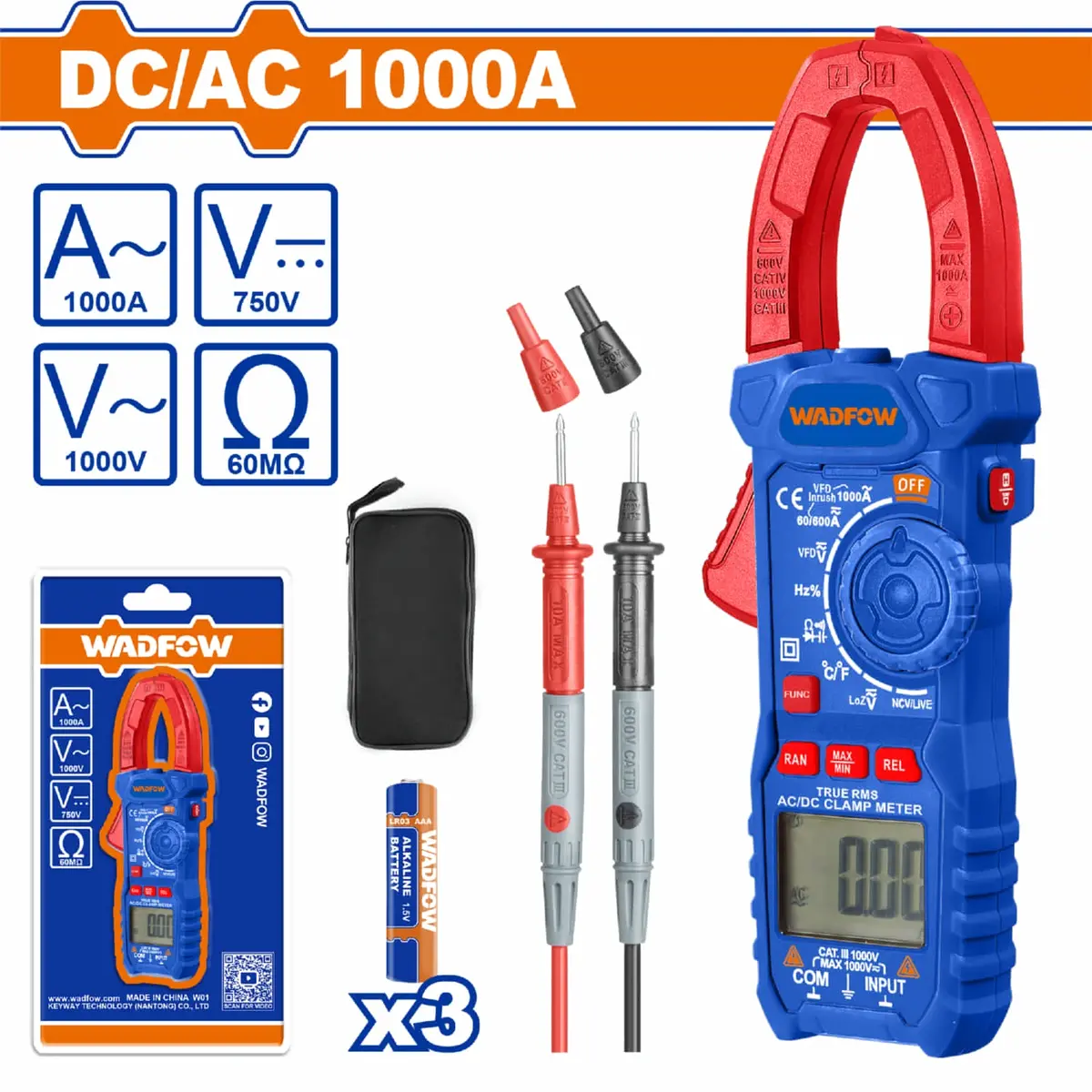 Medidor De Abrazadera. Pinza Amperimétrica Dc/Ac 1000A 6000 Dígitos. Baterías 3 Aaa. Medidor De Voltaje. 1