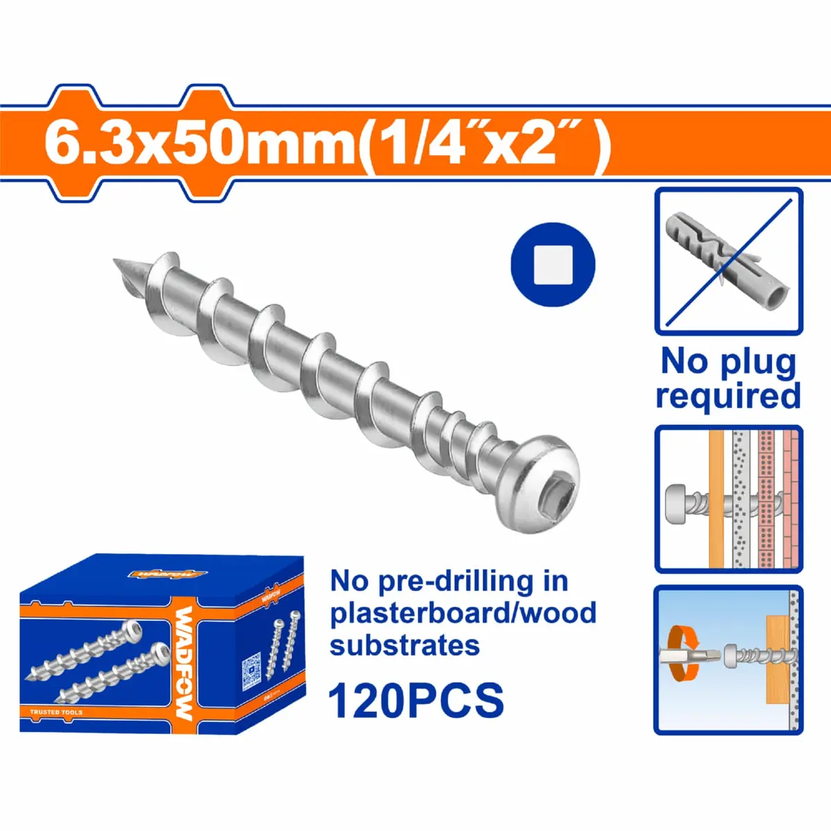 Anclaje De Tornillo Para Pared Cabeza Plana 6.3X50mm (1/4"X2") (Caja 120 Pzas) 1