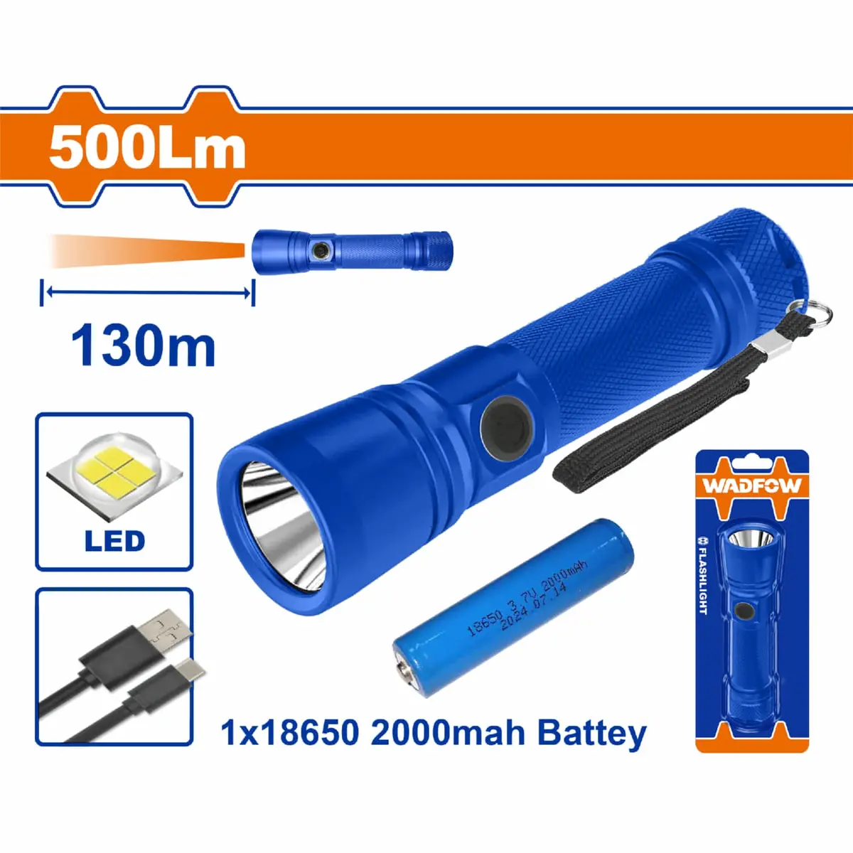 Linterna Recargable Led 500Lm 130M Con Batería 18650 2000Mah 3 Modos Ip44 Usb Tipo-C Compacta 1