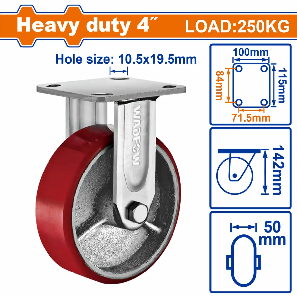 Rueda Rígida 4" Serie Trabajo Pesado Carga 250Kg Acero Y Plástico Rojo. Rodachin 1