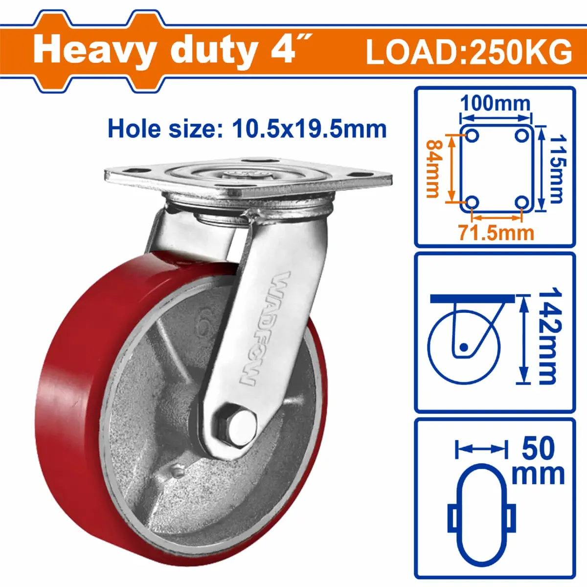 Rueda Giratoria 4" Serie Trabajo Pesado Carga 250Kg Acero Y Plástico Rojo. Rodachin 1