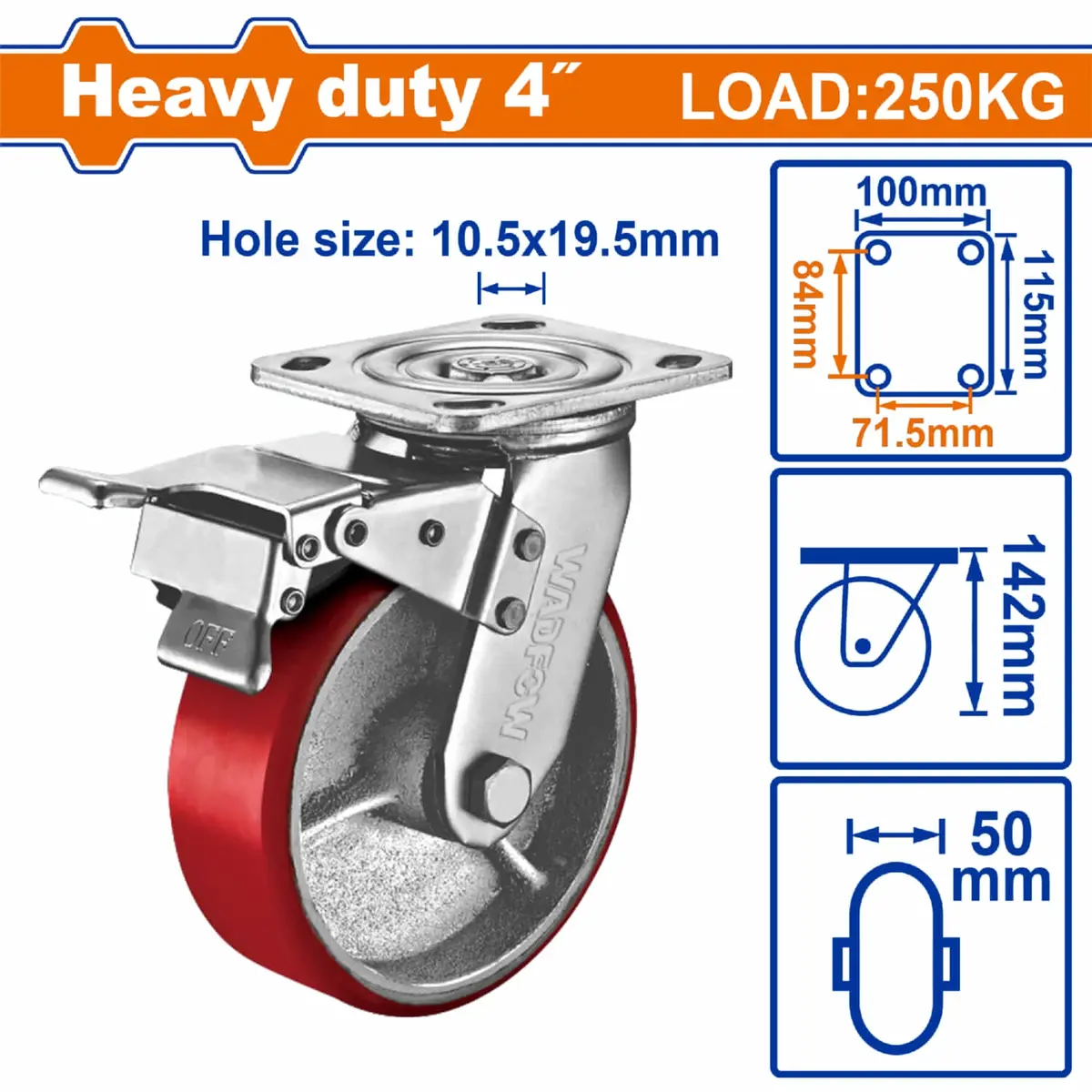 Rueda Giratoria Con Freno 4" Serie Trabajo Pesado Carga 250Kg Acero Y Plástico Rojo. Rodachin 1