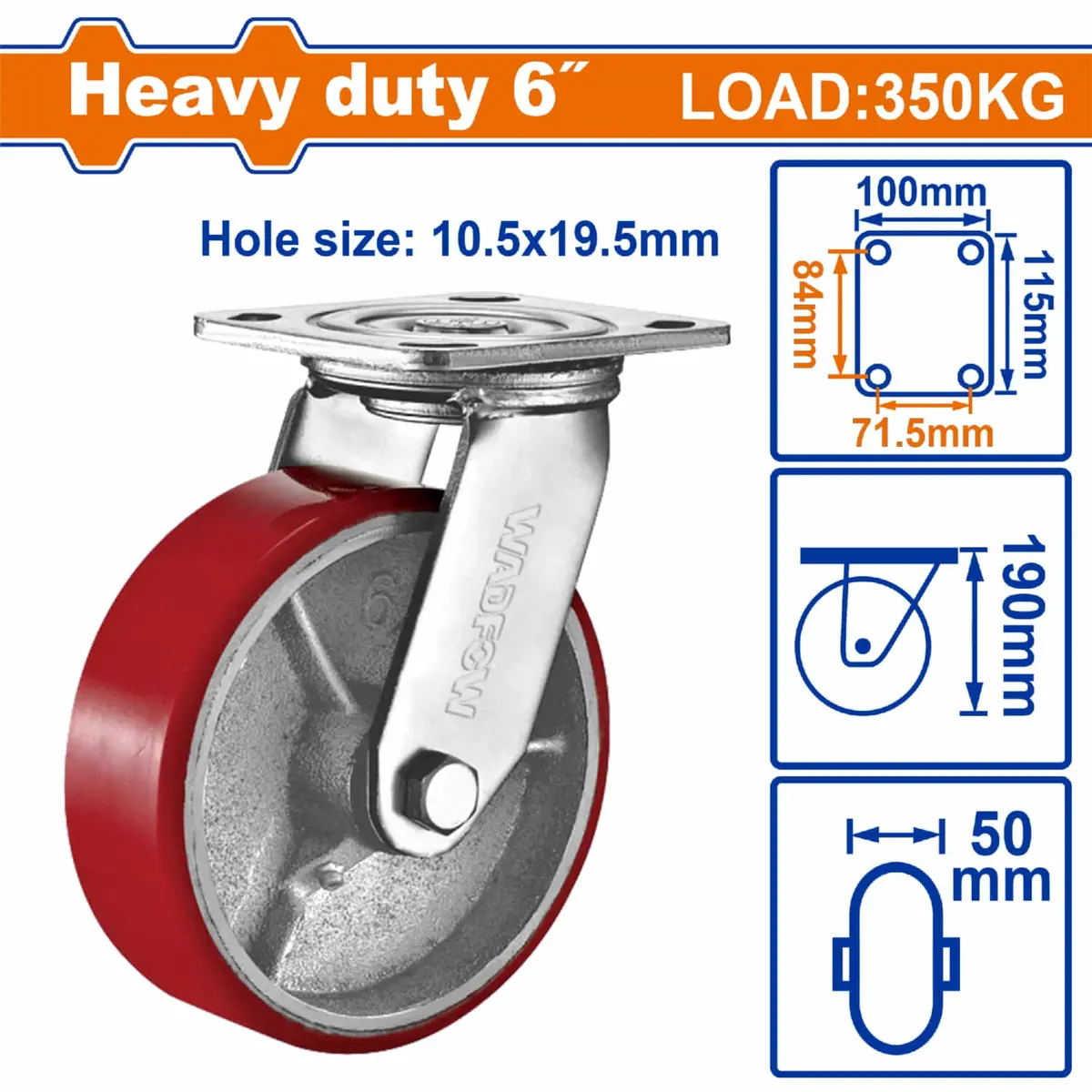 Rueda Giratoria 6" Serie Trabajo Pesado Carga 350Kg Acero Y Plástico Rojo. Rodachin 1