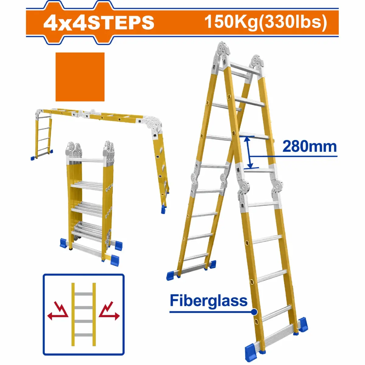 Escalera Multiposición Aislante 4X4 De Fibra De Vidrio  Carga Máxima 150Kg (330 Lbs) Altura Escalón 280Mm  Escalera Tijera Andamio Plegable 1