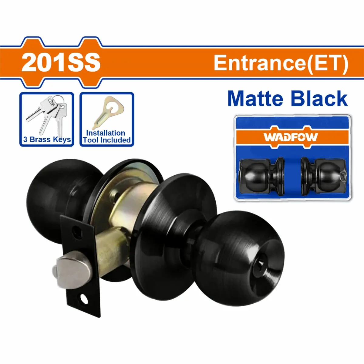 Cerradura Cilíndrica Pomo De Puerta Entrada (Et) Llave 65Mm Acero Inoxidable Negro. Pomo Cilíndrico. 3 Llaves. 1