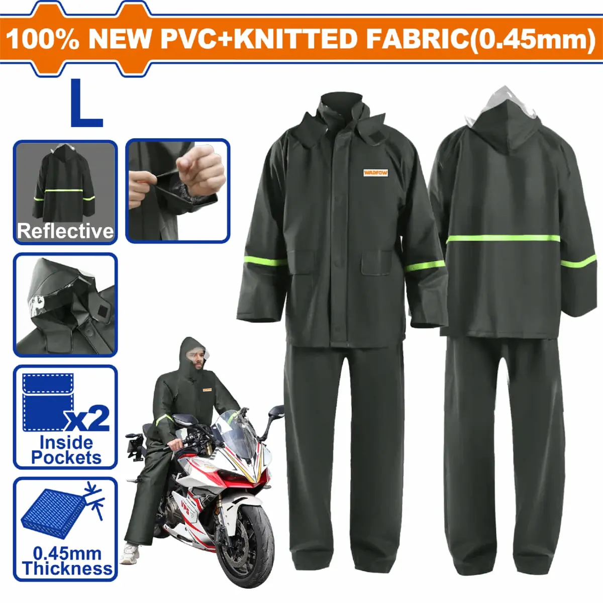 Jacket Y Pantalon Impermeable Para Lluvia Motorizado Talla L Pvc 0.45Mm Cinta Reflectiva Transpirable Color Negro 1