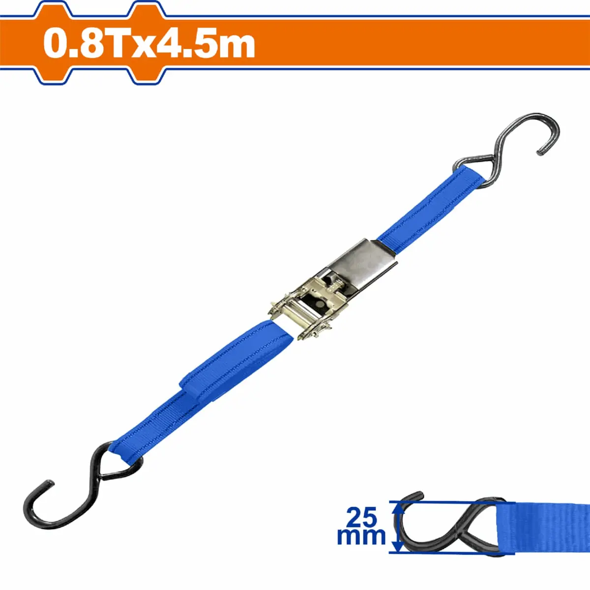 Sujetador Tipo Matraca 4.5M X 25Mm. 0.8T Incluye Trinquete Y Gancho En S. Correa De Amarre 1