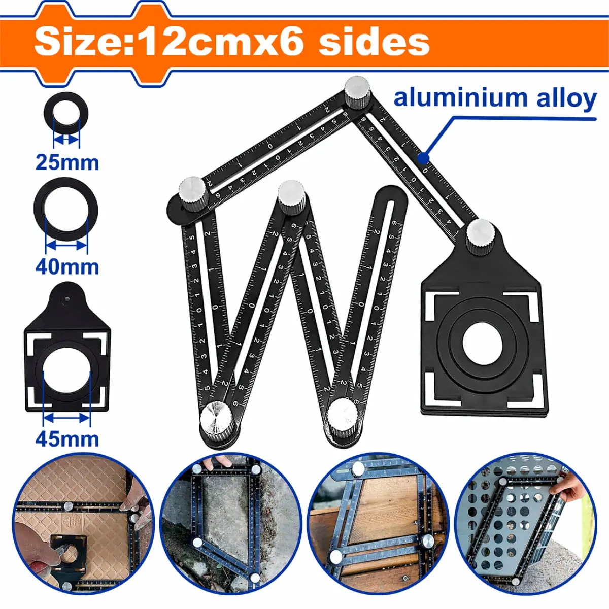 Regla Angular Multifuncional 6 Lados Aluminio Ajustable 12Cm Con Plantilla De Medicion Agujeros 25-40-45Mm 1