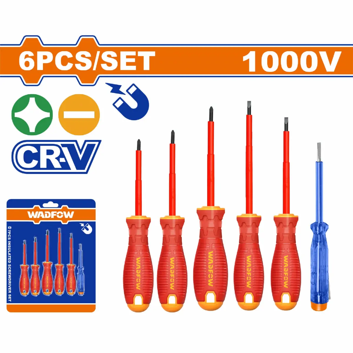 Destornilladores Aislados Punta Plana Y Phillips. 6 Piezas. Punta Magnética. 1000V. Vástago Redondo Y 1 Lápiz De Prueba 140Mm. Insulados Para Electricista 1