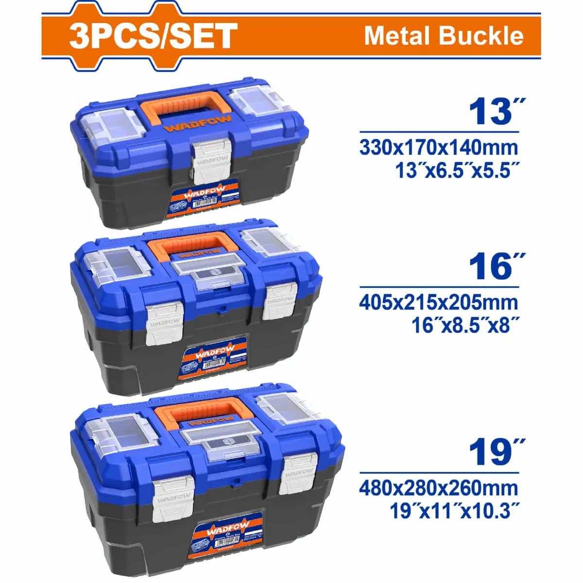 Cajas De Herramientas Plástico Set De 3 (13", 16", 19")Con Almacenamiento. Cierre Metálico. Combo Juego 1