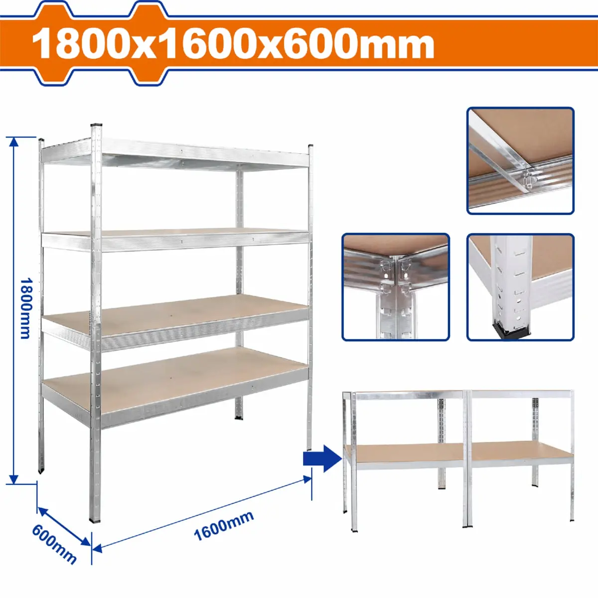 Estante De Almacenamiento Ajustable 5 Niveles. 1600X600x1800mm. Carga:500Kg. Acero Mdf. Estanteria Arma Rapido Rack De Repisas 1