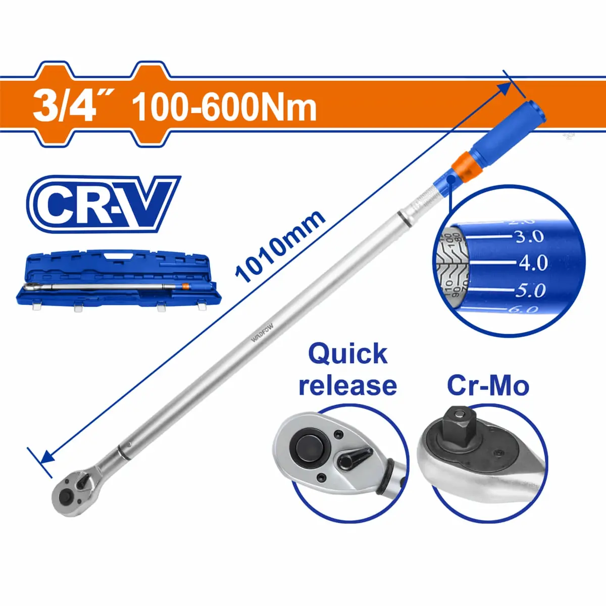 Torquimetro Extensible 3/4" 100-600Nm Cr-V Cr-Mo Cromado Con Liberacion Rapida Longitud 1010Mm ±4% 1