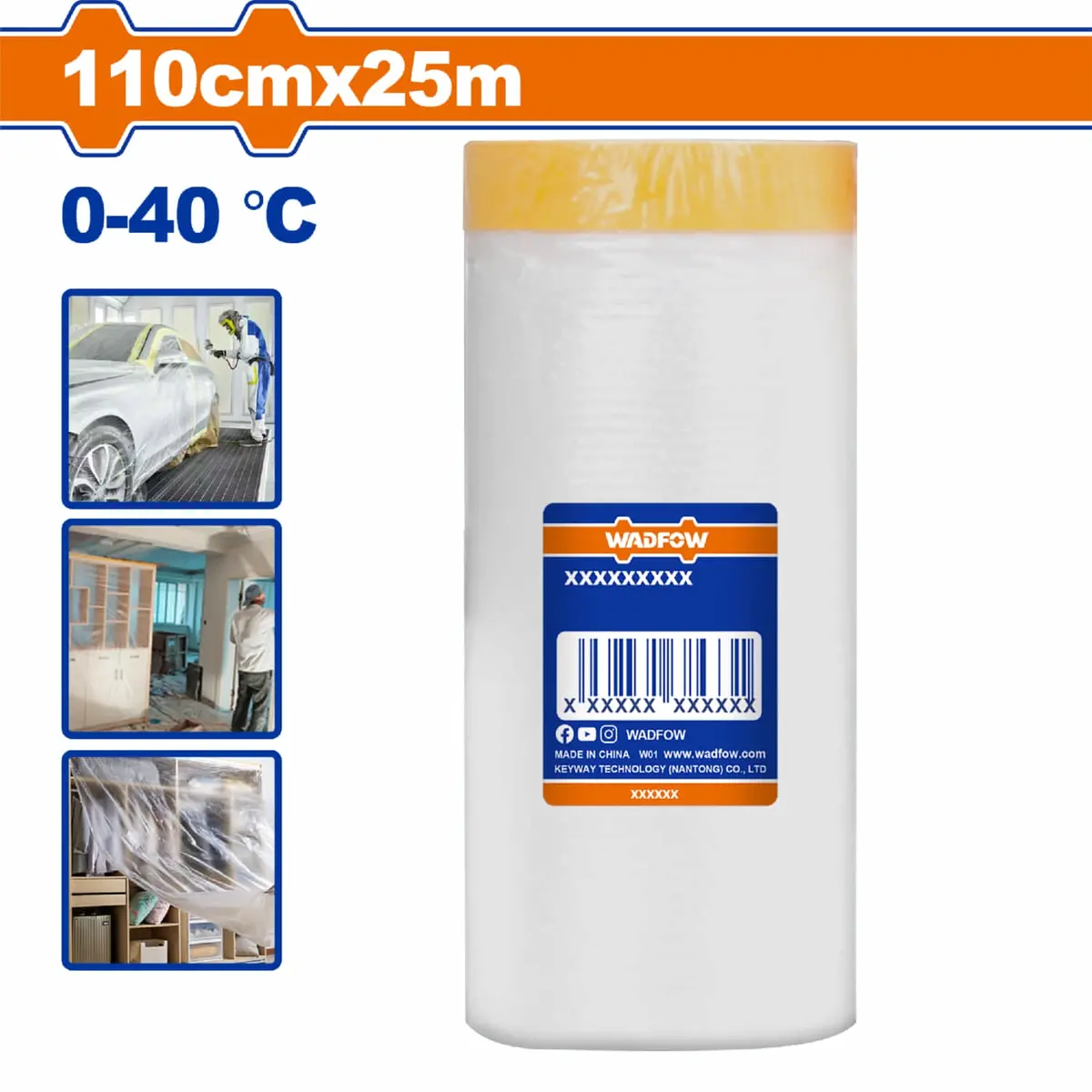 Plástico Protector Con Cinta 110Cm X 25M 0-40°C Pintura Automotriz Construcción Y Protección De Muebles. Film Para Enmascarar. 1