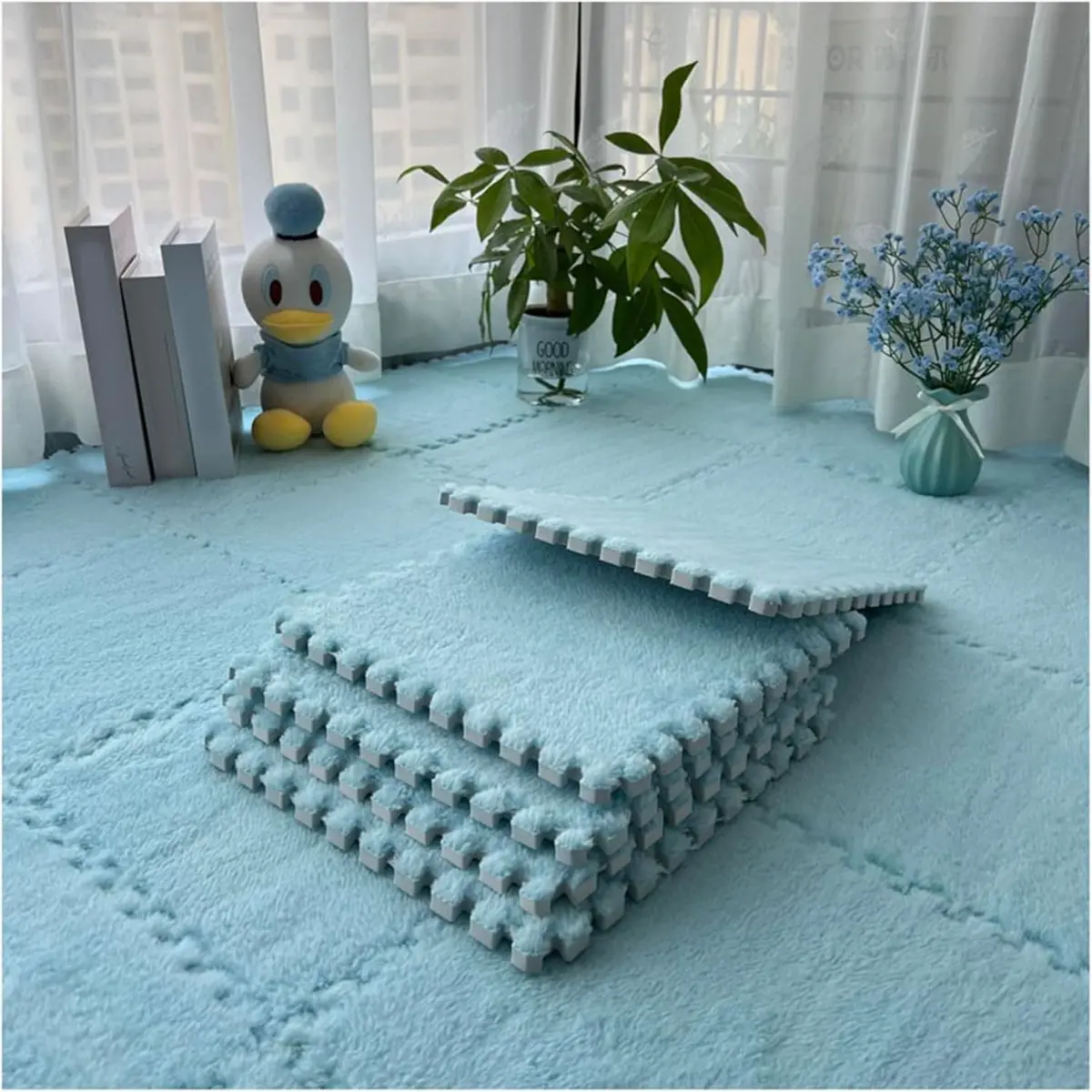Pisos De Espuma Con Cubierta De Peluche. 60X60cm Color Celeste. Alfombra De Espuma Tipo Rompecabezas Con Felpa Suave. Piso De Goma. 1